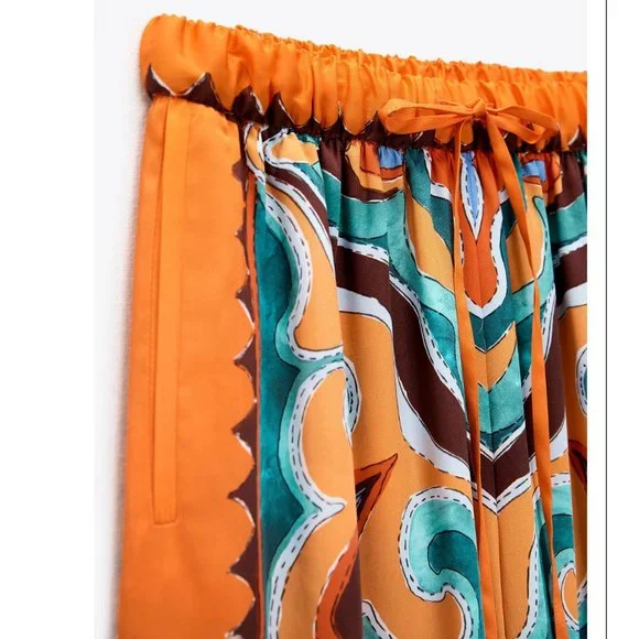 ZARA NEW WOMAN SS23 ORANGE FLOWY PRINTED PANTS REF:3098/156 XS,S,M,L,XL